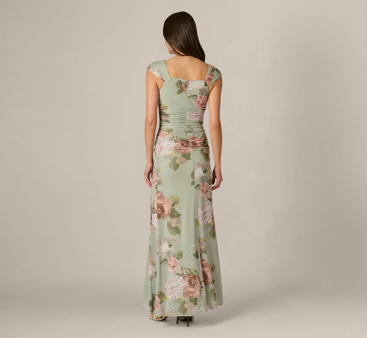 Floral Print Stretch Mesh Ruched Gown - Sage Multi | Adrianna Papell
