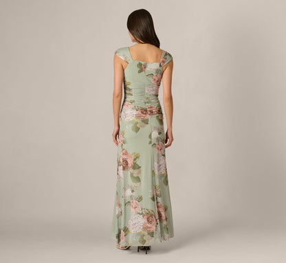 Floral Print Stretch Mesh Ruched Gown - Sage Multi | Adrianna Papell