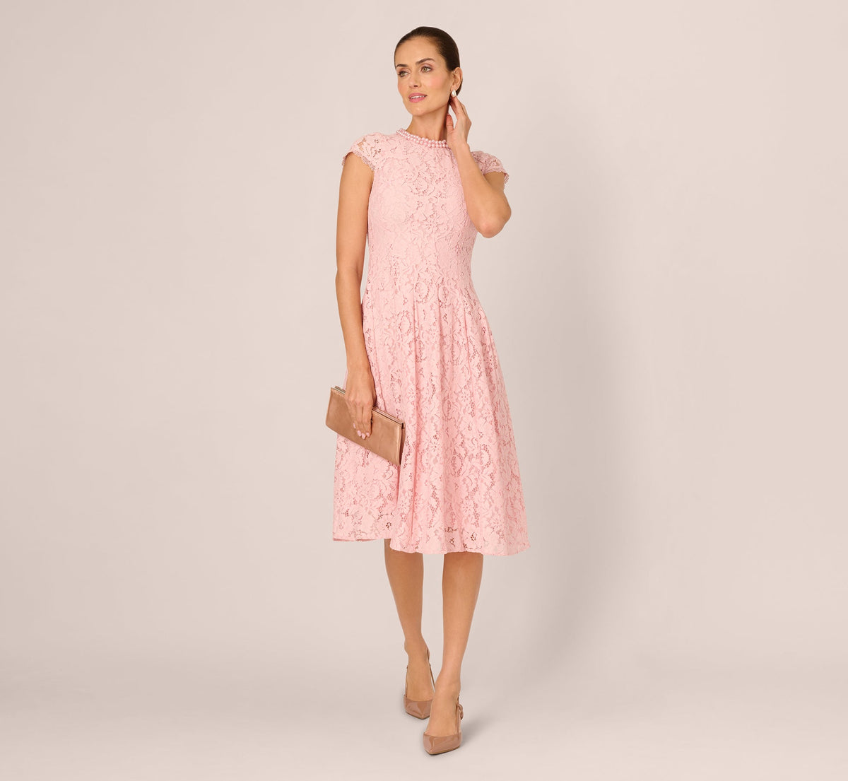 Cap Sleeve Pearly Lace Midi Dress - Blush Whisper | Adrianna Papell