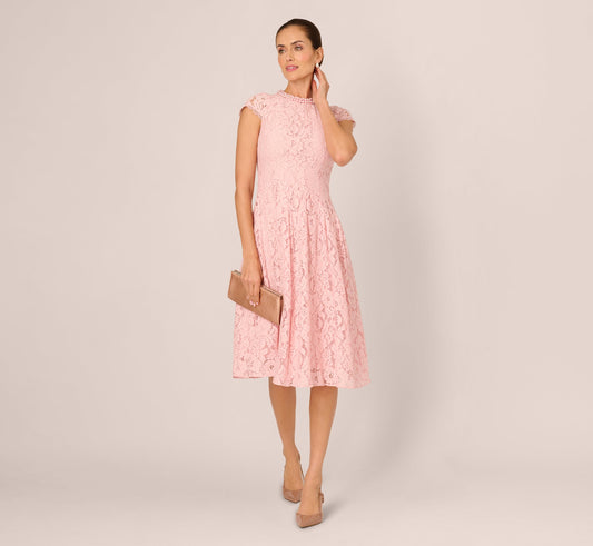 Cap Sleeve Pearly Lace Midi Dress - Blush Whisper | Adrianna Papell