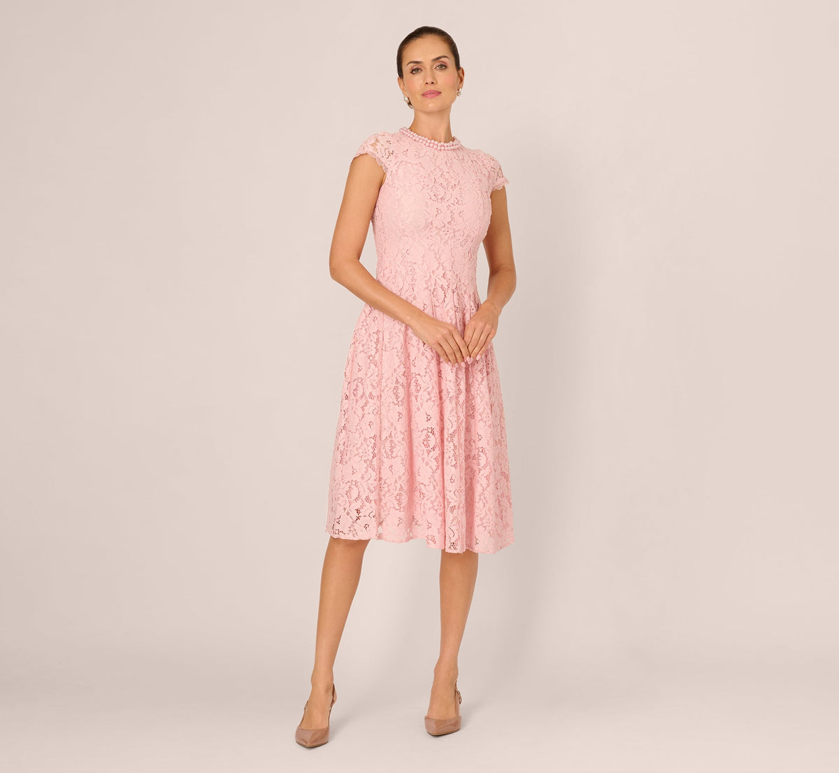 Cap Sleeve Pearly Lace Midi Dress - Blush Whisper | Adrianna Papell