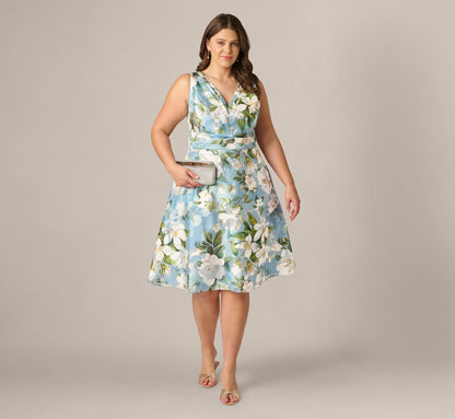 Plus Size Magnolia Floral Jacquard A Line Midi Dress - Blue Multi | Adrianna Papell