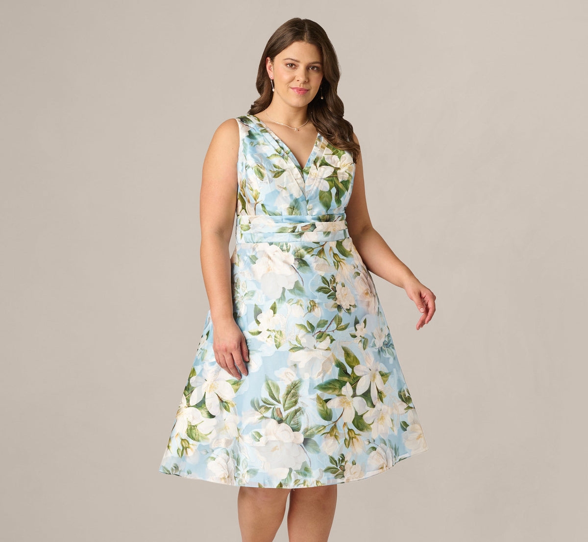 Plus Size Magnolia Floral Jacquard A Line Midi Dress - Blue Multi | Adrianna Papell