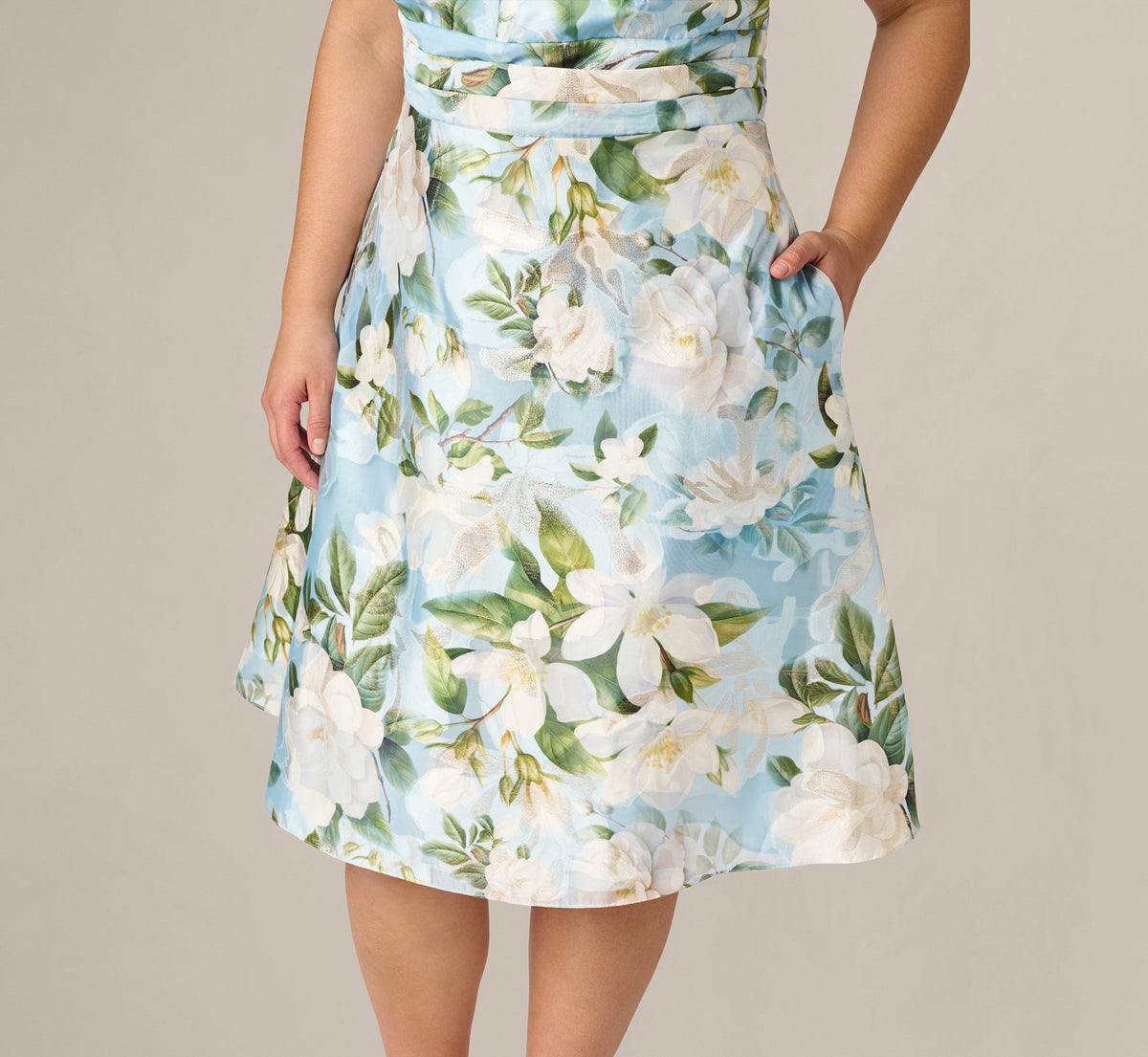 Plus Size Magnolia Floral Jacquard A Line Midi Dress - Blue Multi | Adrianna Papell