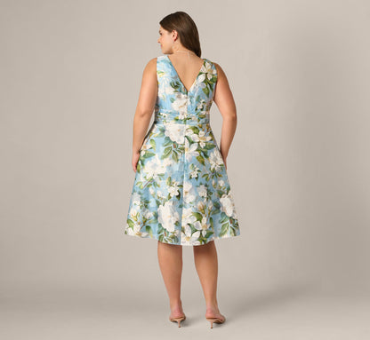 Plus Size Magnolia Floral Jacquard A Line Midi Dress - Blue Multi | Adrianna Papell