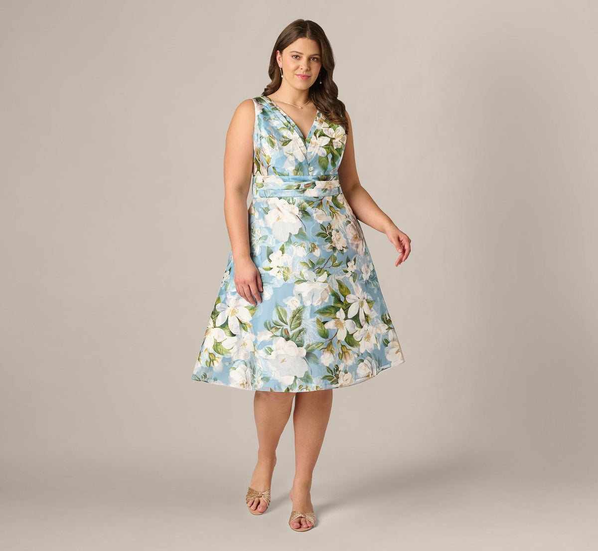 Plus Size Magnolia Floral Jacquard A Line Midi Dress - Blue Multi | Adrianna Papell