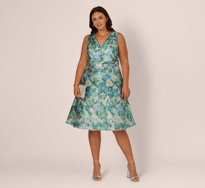 Plus Size Metallic Floral Jacquard Midi Dress - Blue Multi | Adrianna Papell