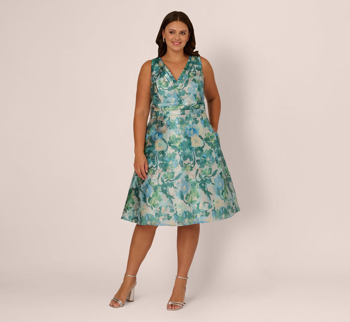 Plus Size Metallic Floral Jacquard Midi Dress - Blue Multi | Adrianna Papell