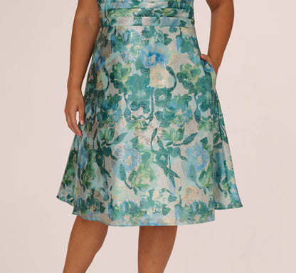 Plus Size Metallic Floral Jacquard Midi Dress - Blue Multi | Adrianna Papell
