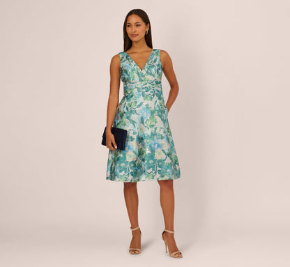 Metallic Floral Jacquard Midi Dress - Blue Multi | Adrianna Papell