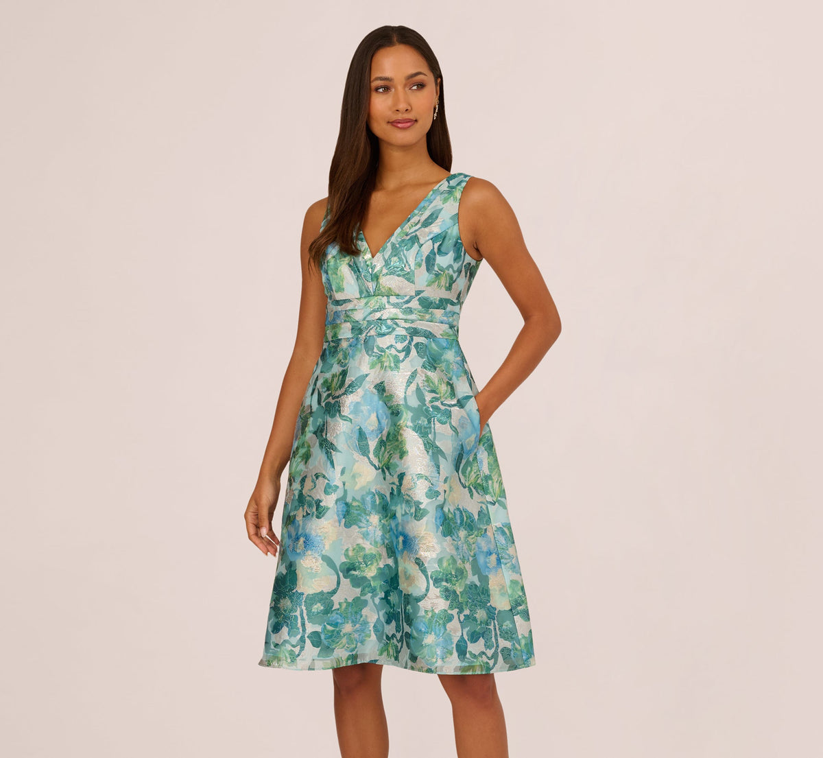 Metallic Floral Jacquard Midi Dress - Blue Multi | Adrianna Papell