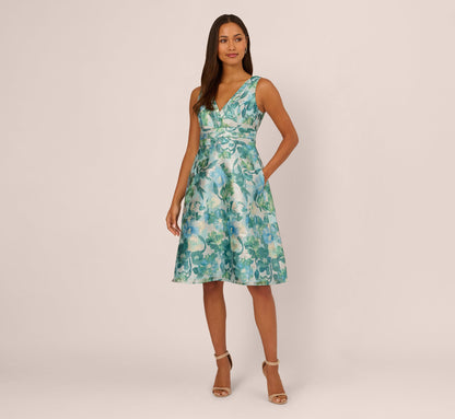 Metallic Floral Jacquard Midi Dress - Blue Multi | Adrianna Papell