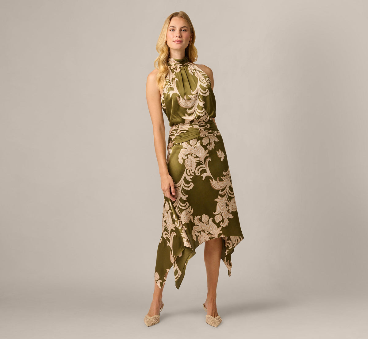 Baroque Scroll Print Satin Handkerchief Hem Midi Dress - Olive Ecru | Adrianna Papell