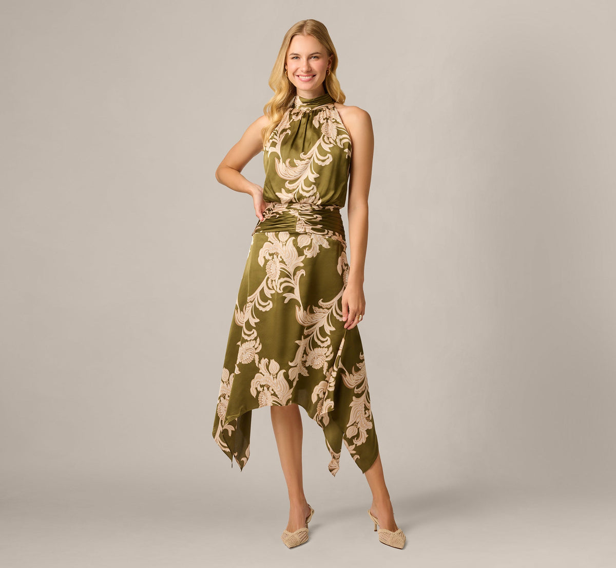 Baroque Scroll Print Satin Handkerchief Hem Midi Dress - Olive Ecru | Adrianna Papell