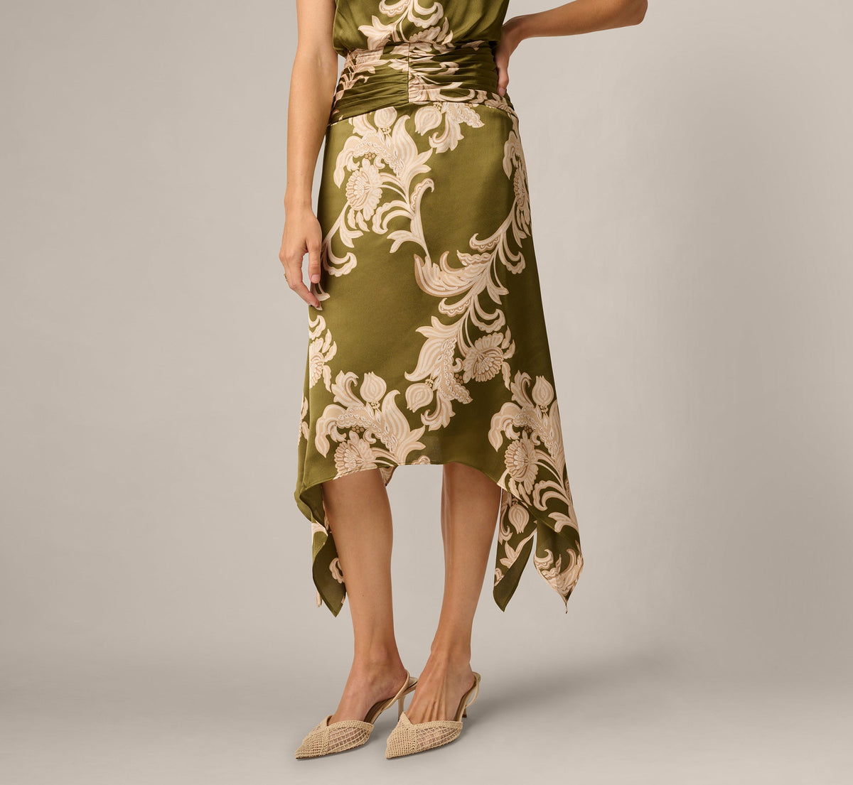 Baroque Scroll Print Satin Handkerchief Hem Midi Dress - Olive Ecru | Adrianna Papell