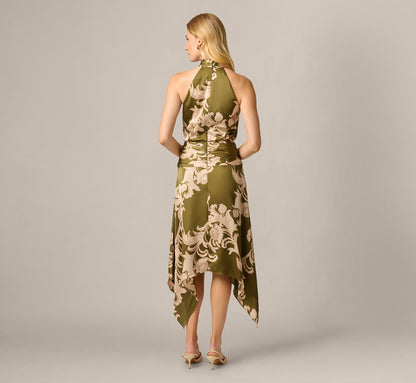 Baroque Scroll Print Satin Handkerchief Hem Midi Dress - Olive Ecru | Adrianna Papell