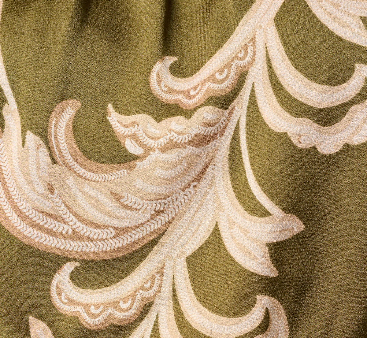 Baroque Scroll Print Satin Handkerchief Hem Midi Dress - Olive Ecru | Adrianna Papell