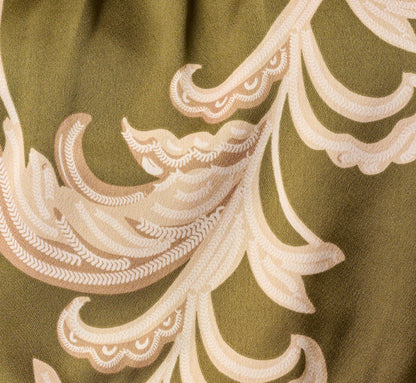 Baroque Scroll Print Satin Handkerchief Hem Midi Dress - Olive Ecru | Adrianna Papell
