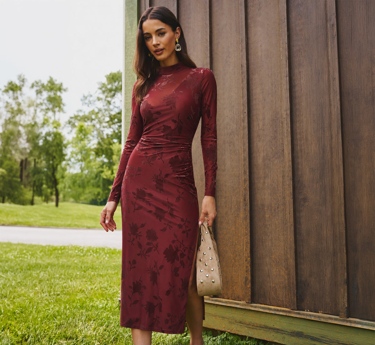 Long Sleeve Stretch Burnout Velvet Ankle Length Dress - Auburn | Adrianna Papell