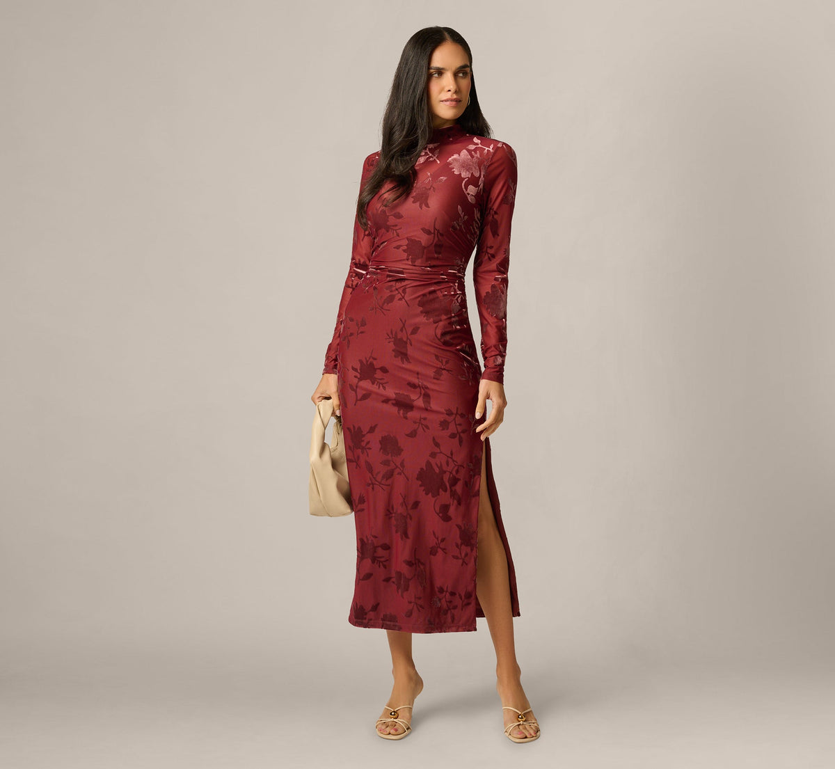 Long Sleeve Stretch Burnout Velvet Ankle Length Dress - Auburn | Adrianna Papell