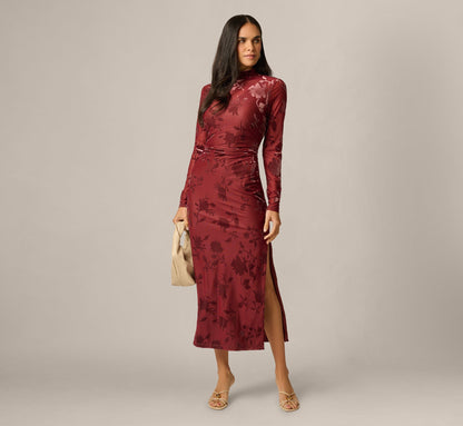 Long Sleeve Stretch Burnout Velvet Ankle Length Dress - Auburn | Adrianna Papell