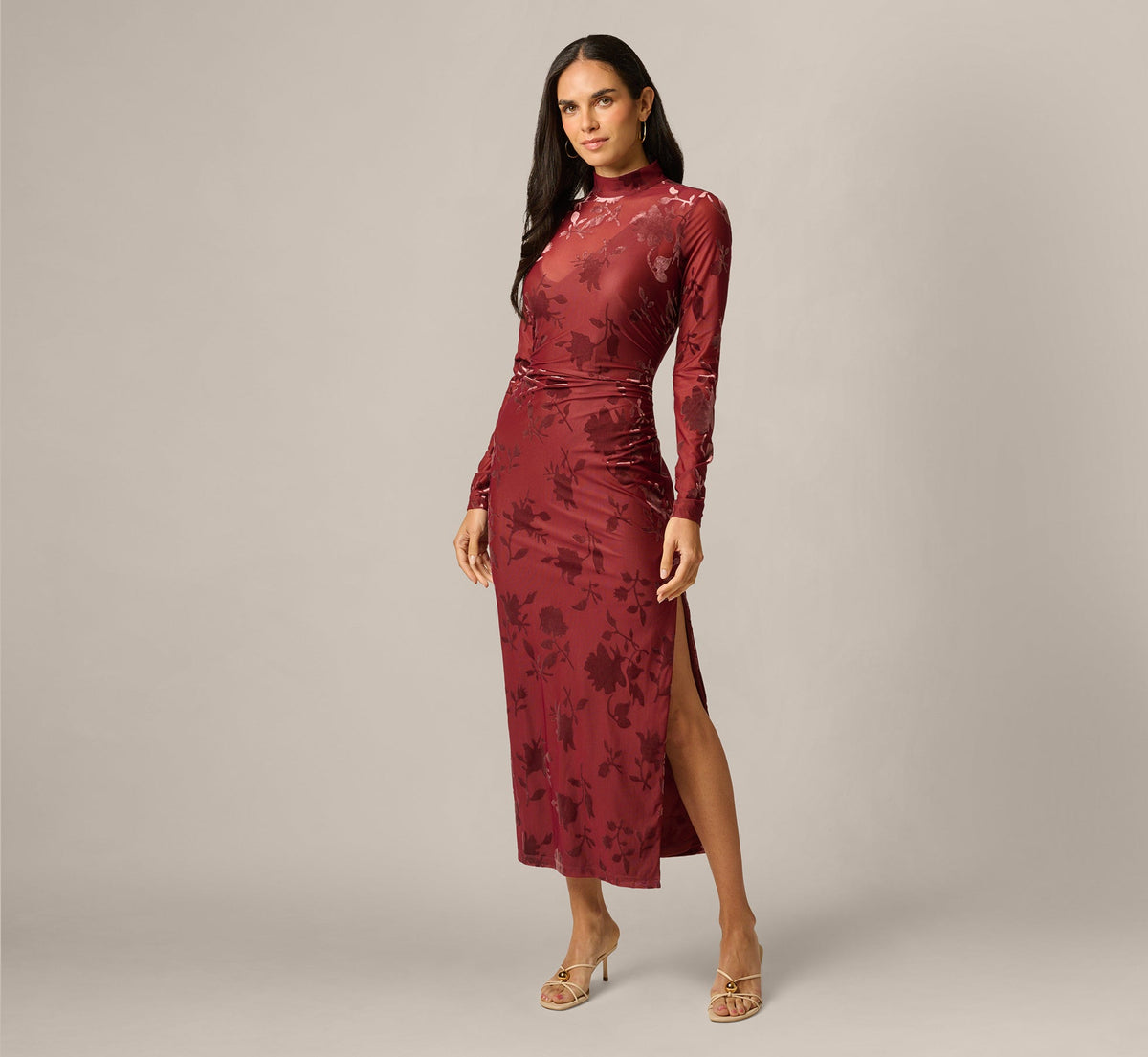 Long Sleeve Stretch Burnout Velvet Ankle Length Dress - Auburn | Adrianna Papell