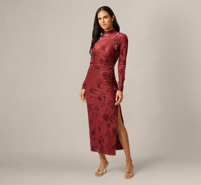 Long Sleeve Stretch Burnout Velvet Ankle Length Dress - Auburn | Adrianna Papell
