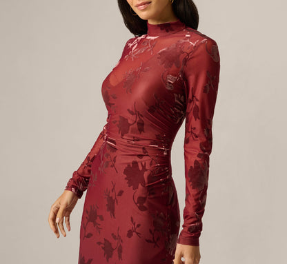 Long Sleeve Stretch Burnout Velvet Ankle Length Dress - Auburn | Adrianna Papell