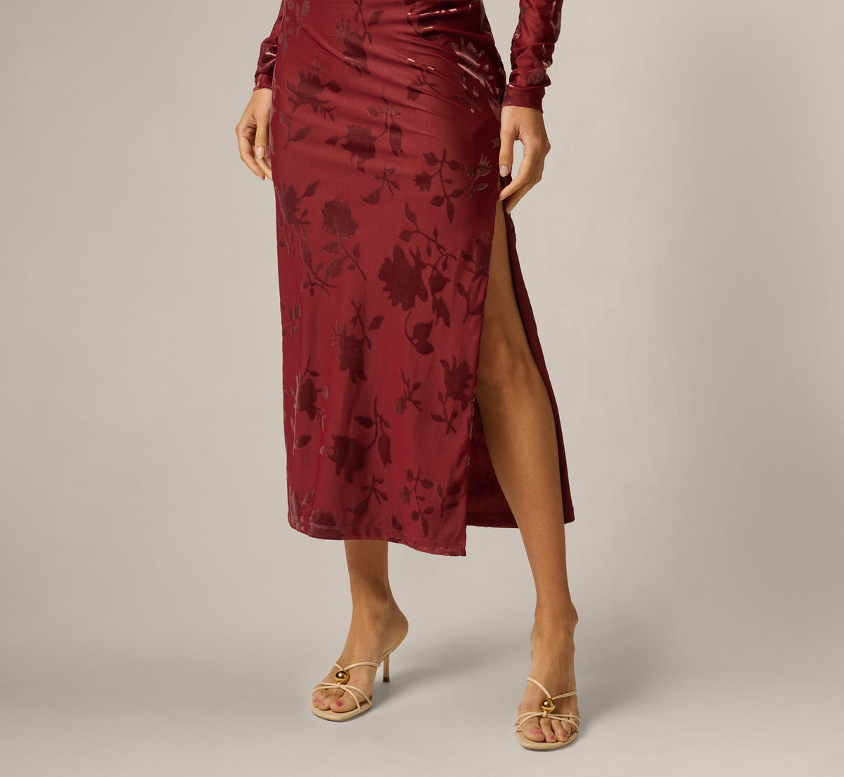 Long Sleeve Stretch Burnout Velvet Ankle Length Dress - Auburn | Adrianna Papell