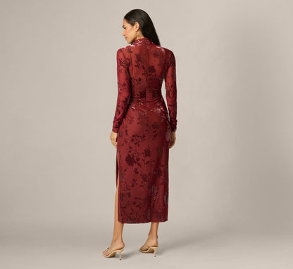 Long Sleeve Stretch Burnout Velvet Ankle Length Dress - Auburn | Adrianna Papell