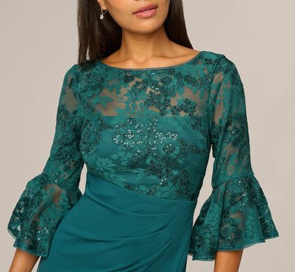 Sequin Floral Lace Dress With Sheer Bell Sleeves - Hunter | Adrianna Papell