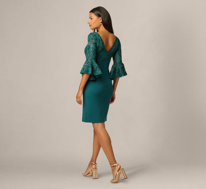 Sequin Floral Lace Dress With Sheer Bell Sleeves - Hunter | Adrianna Papell