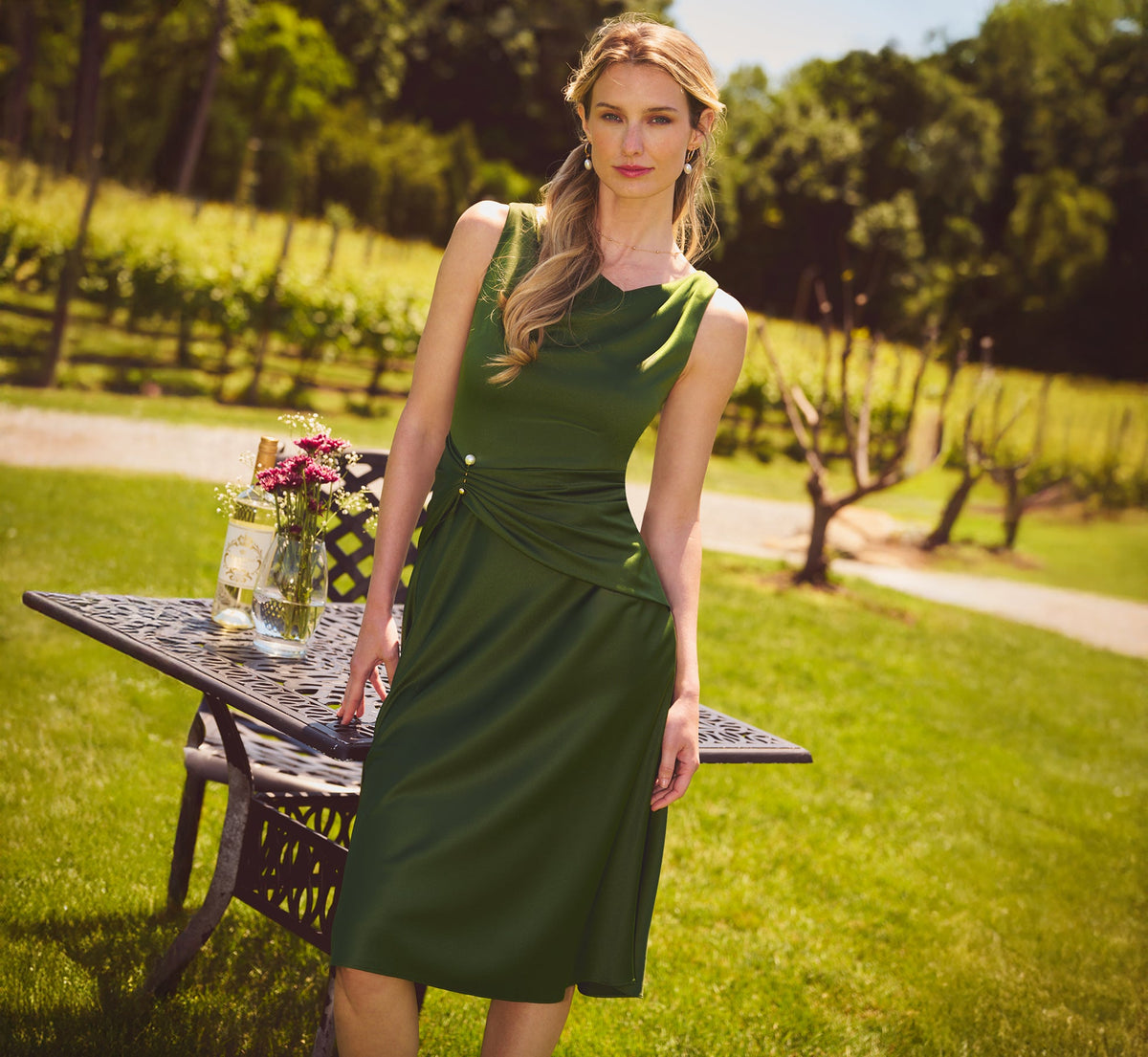 Satin Cowl Neck Draped Midi Dress - Olive Cypress | Adrianna Papell