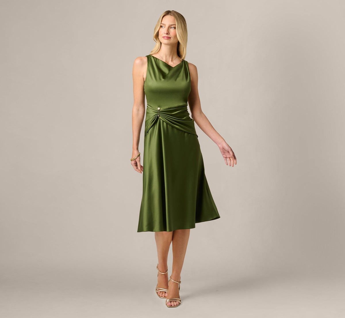Satin Cowl Neck Draped Midi Dress - Olive Cypress | Adrianna Papell