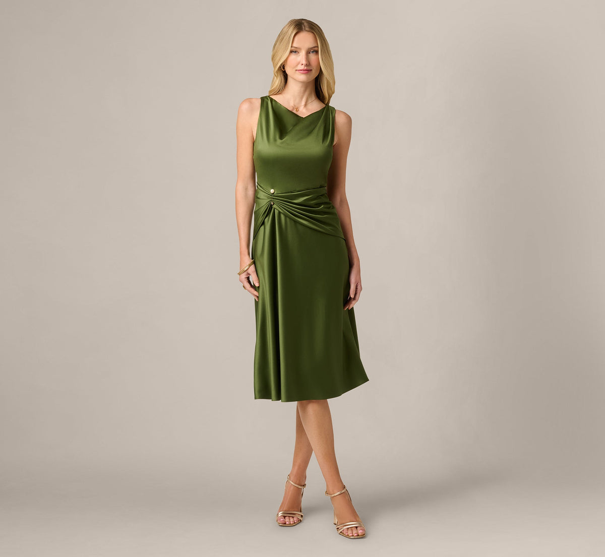 Satin Cowl Neck Draped Midi Dress - Olive Cypress | Adrianna Papell