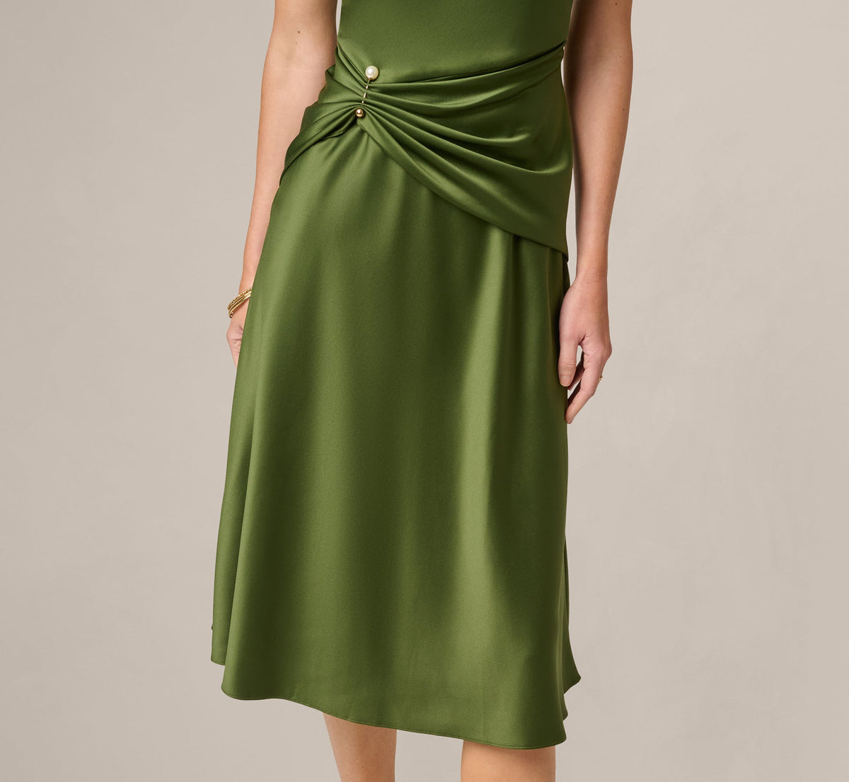 Satin Cowl Neck Draped Midi Dress - Olive Cypress | Adrianna Papell