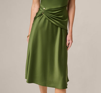 Satin Cowl Neck Draped Midi Dress - Olive Cypress | Adrianna Papell