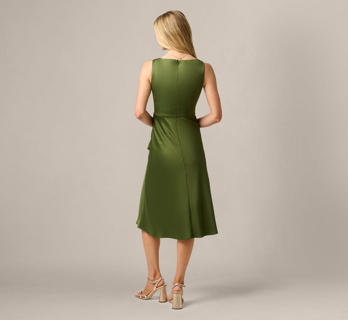 Satin Cowl Neck Draped Midi Dress - Olive Cypress | Adrianna Papell