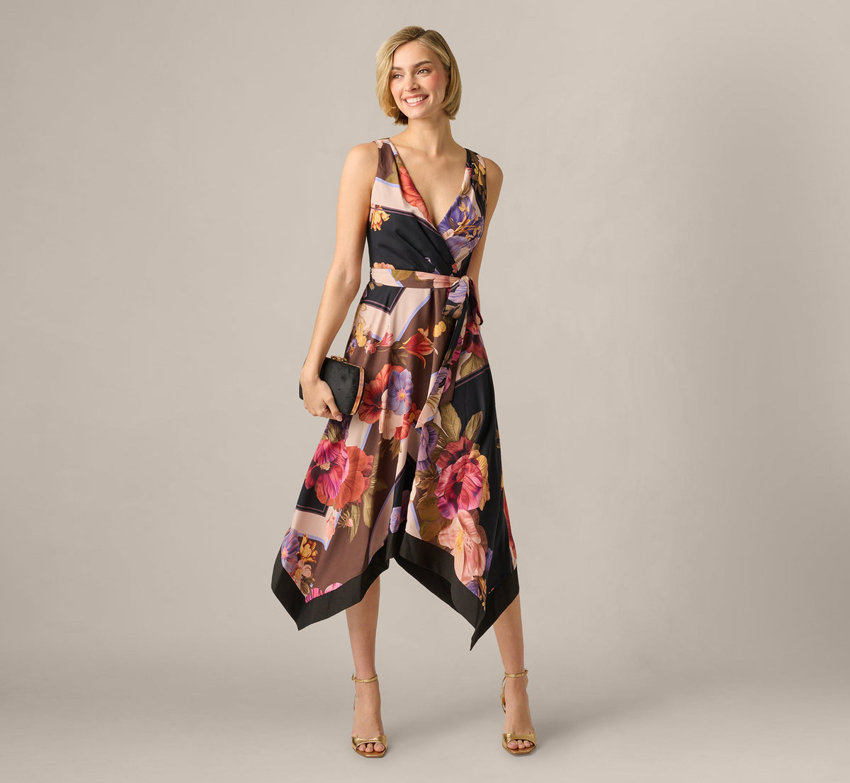 Floral Print Handkerchief Midi Dress - Black Multi | Adrianna Papell