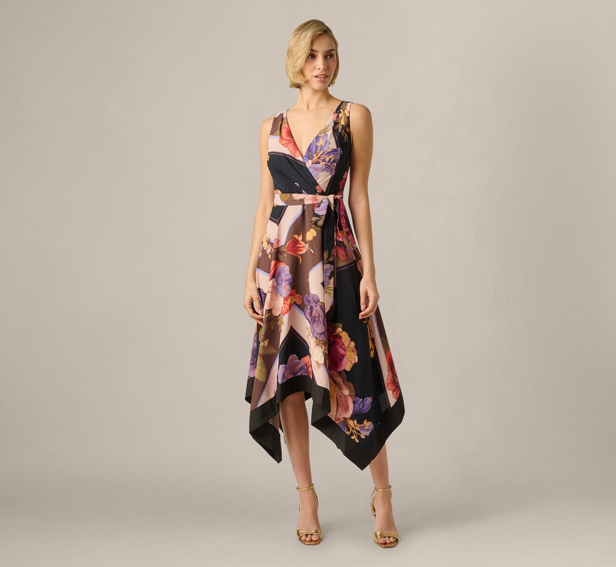 Floral Print Handkerchief Midi Dress - Black Multi | Adrianna Papell