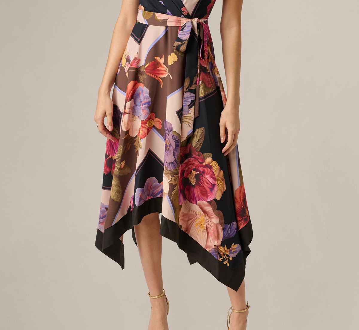 Floral Print Handkerchief Midi Dress - Black Multi | Adrianna Papell