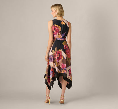 Floral Print Handkerchief Midi Dress - Black Multi | Adrianna Papell