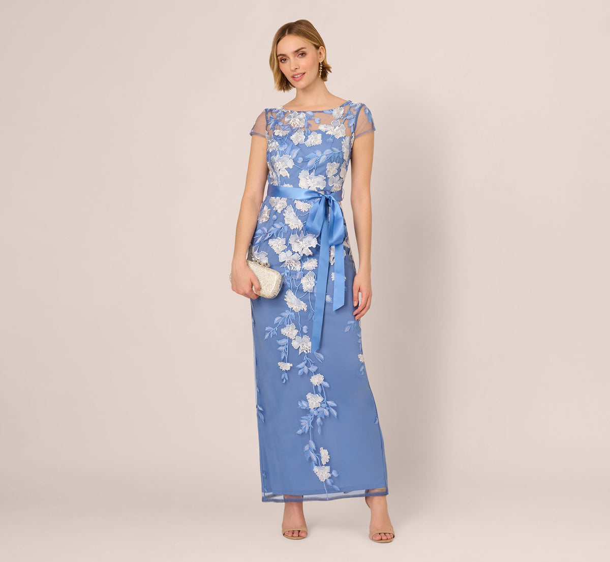 Short Sleeve Floral Embroidered Gown With Ribbon Tie Waist - French Blue Multi | Adrianna Papell