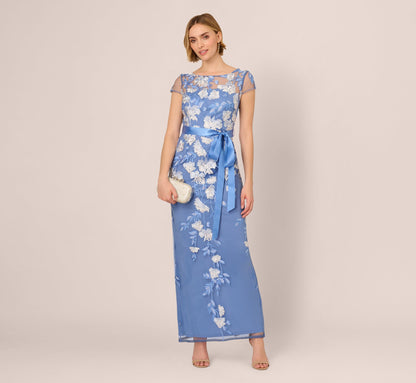 Short Sleeve Floral Embroidered Gown With Ribbon Tie Waist - French Blue Multi | Adrianna Papell