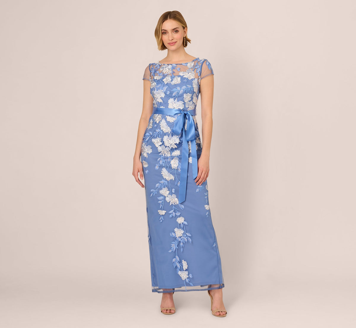Short Sleeve Floral Embroidered Gown With Ribbon Tie Waist - French Blue Multi | Adrianna Papell