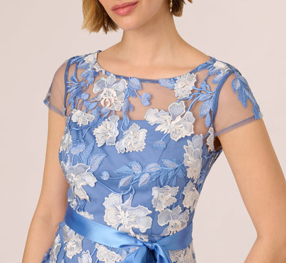 Short Sleeve Floral Embroidered Gown With Ribbon Tie Waist - French Blue Multi | Adrianna Papell