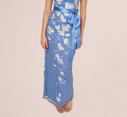 Short Sleeve Floral Embroidered Gown With Ribbon Tie Waist - French Blue Multi | Adrianna Papell