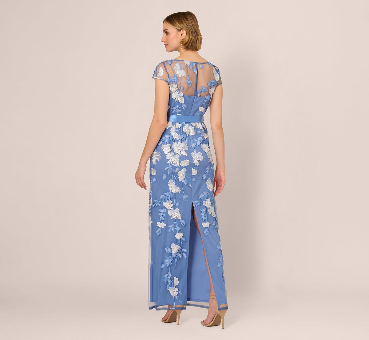 Short Sleeve Floral Embroidered Gown With Ribbon Tie Waist - French Blue Multi | Adrianna Papell