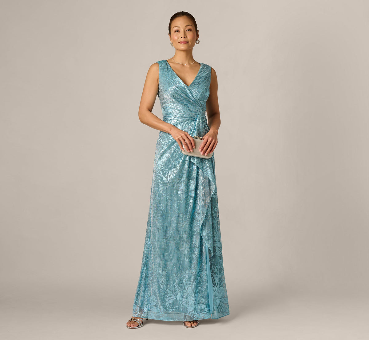 Crinkle Metallic Floral Draped Gown - Blue | Adrianna Papell