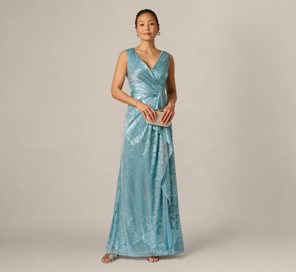 Crinkle Metallic Floral Draped Gown - Blue | Adrianna Papell